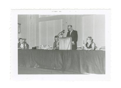 Arthur C. Clarke at the podium: 14th World Science Fiction Convention, 1956. Image # WSFS 022