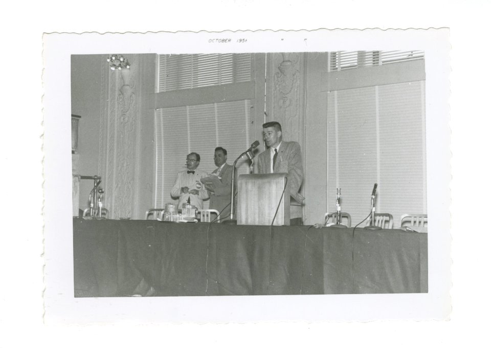 Wilson "Bob" Tucker at Podium: 14th World Science Fiction Convention, 1956. Image # WSFS 015