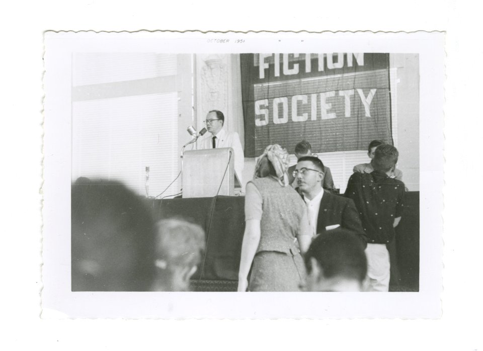 Anthony Boucher at podium: 14th World Science Fiction Convention, 1956. Image # WSFS 016