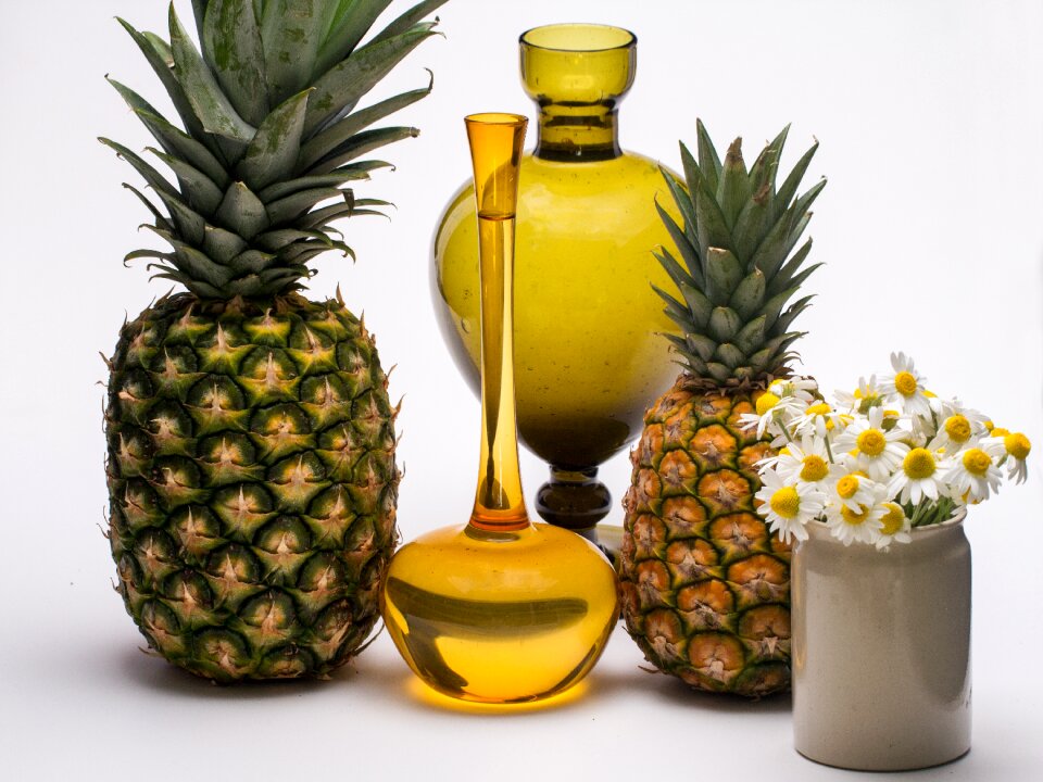 Tropical fruits flowers vases