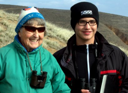 Jan Hamber, condor advocate and conservationist, with Diego Blanco of the Pasadena Young Birders Club. Photo by Susan Gilliland