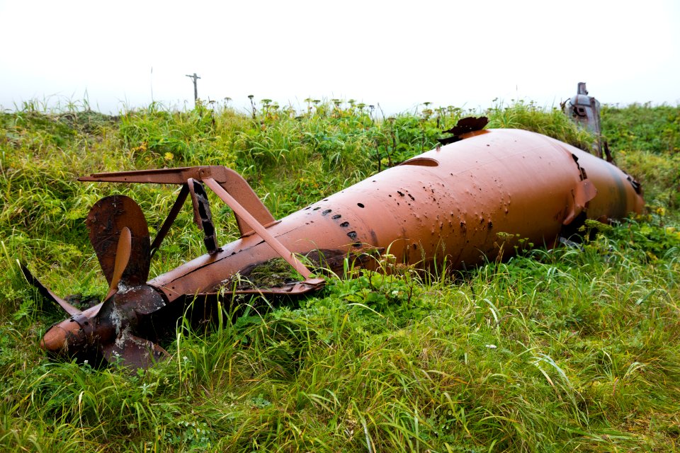 Japanese midget submarine resting in the slipway on Kiska