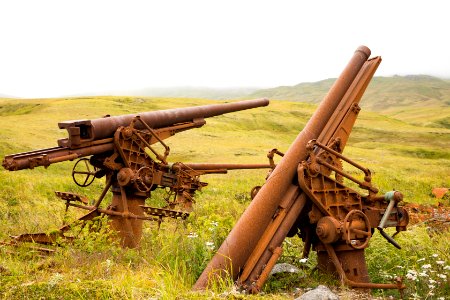 Rusted remains of Japanese 75mm guns, Kiska