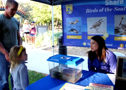 Ojai, Calif. (March 18, 2017) – Ventura Fish and Wildlife Office biologist Kendra Chan talks shore birds with a young visitor during an event at the Libbey Bowl celebrating women in science, and longtime condor advocate Jan Hamber.