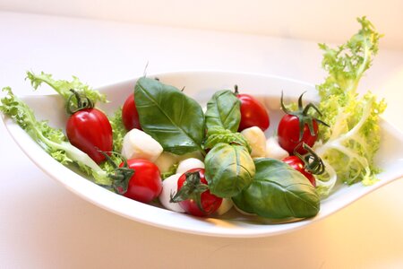Basil eat tomato and mozzarella salad