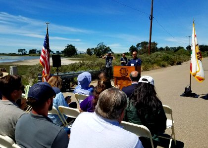 Steve Henry, Ventura Fish and Wildlife Office field supervisor, addresses the crowd at the North Campus Open Space groundbreaking. photo
