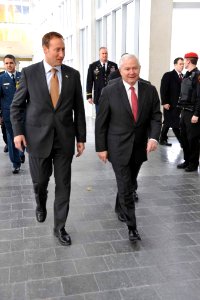 Canadian Defense Minister Peter McKay and Defense Secretary Robert Gates Walk through Old City Hall, Ottawa