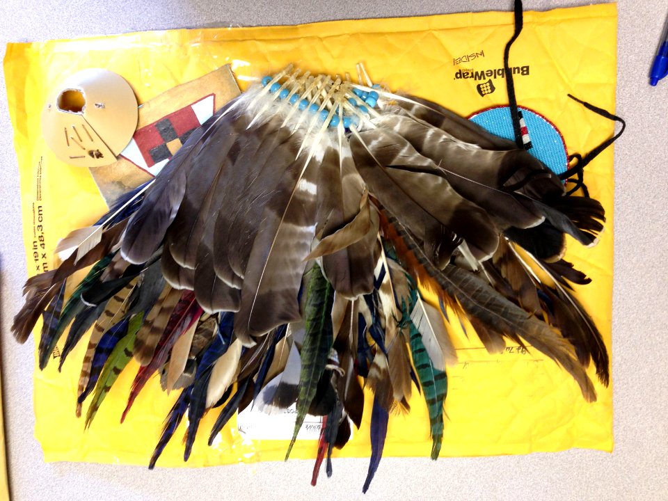 Red-tailed hawk and turkey vulture feather bustle