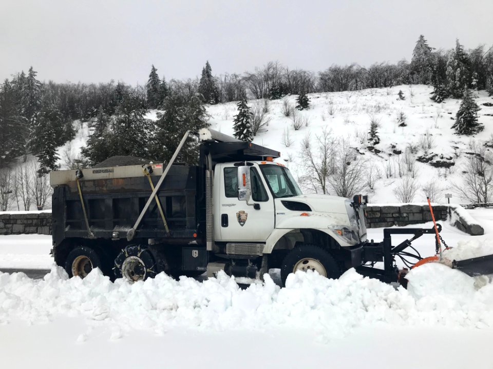 NPS snow plow clearing parking lot at Newfound Gap, December 10, 2018--Andrea Walton