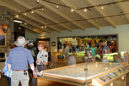 Sugarlands Visitor Center lobby with visitors, August 2013--Warren Bielenberg