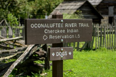 Oconaluftee River Trail sign, summer 2018--Chalice Keith