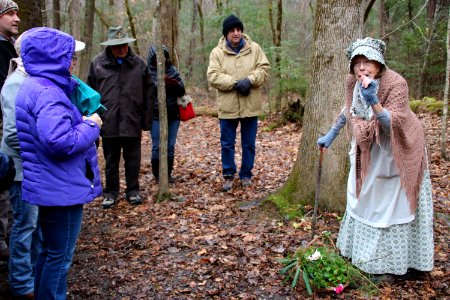 Volunteer Frances Hensley on the Christmas Memories Walk at the 2018 Festival of Christmas Past, December 8, 2018--Warren Bielenberg