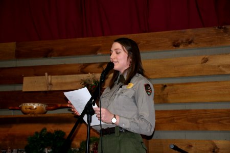 Ranger announcing next performer, December 2017--Warren Bielenberg