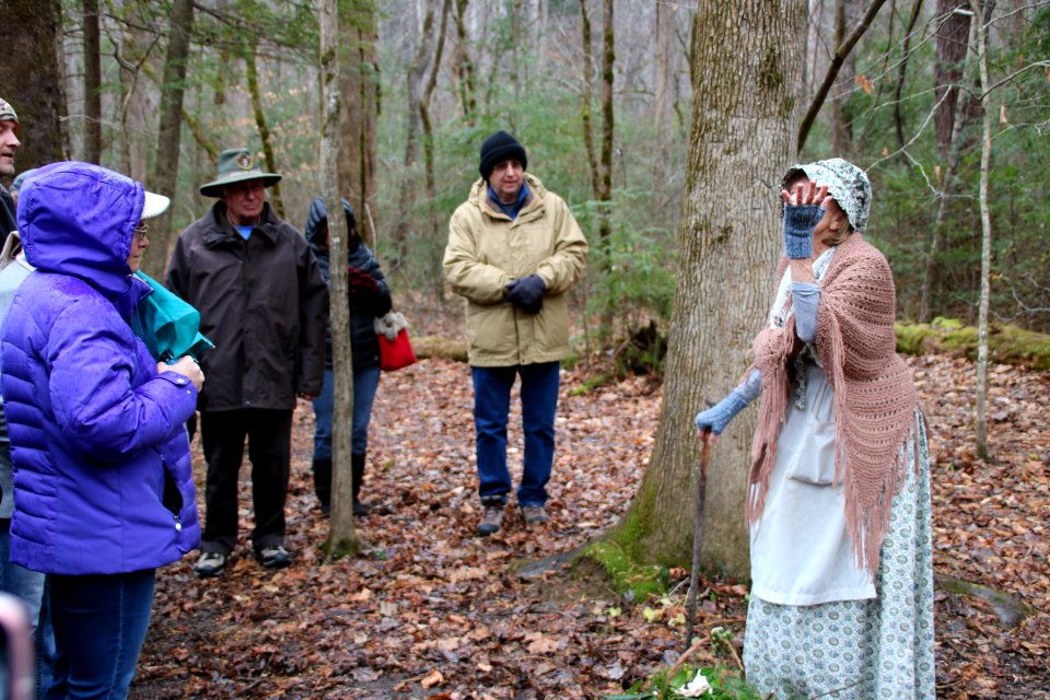 Volunteer Frances Hensley on the Christmas Memories Walk at the 2018 Festival of Christmas Past, December 8, 2018--Warren Bielenberg