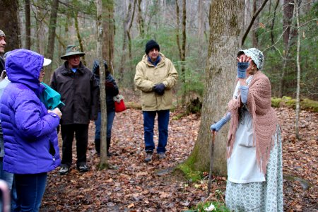 Volunteer Frances Hensley on the Christmas Memories Walk at the 2018 Festival of Christmas Past, December 8, 2018--Warren Bielenberg