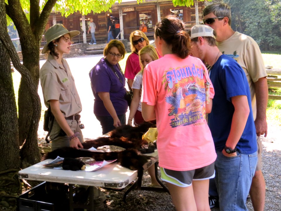 VIP Claire Delbecq talks with visitors at Cades Cove Visitor Center, September 2013--Warren Bielenberg