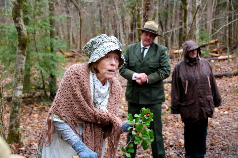 Volunteer Frances Hensley on the Christmas Memories Walk at the 2018 Festival of Christmas Past, December 8, 2018--Warren Bielenberg