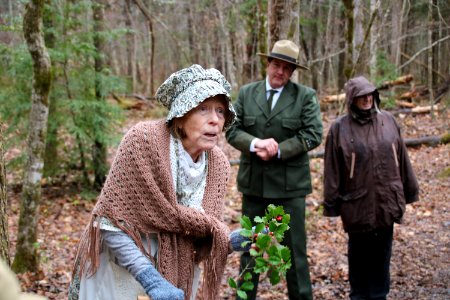 Volunteer Frances Hensley on the Christmas Memories Walk at the 2018 Festival of Christmas Past, December 8, 2018--Warren Bielenberg