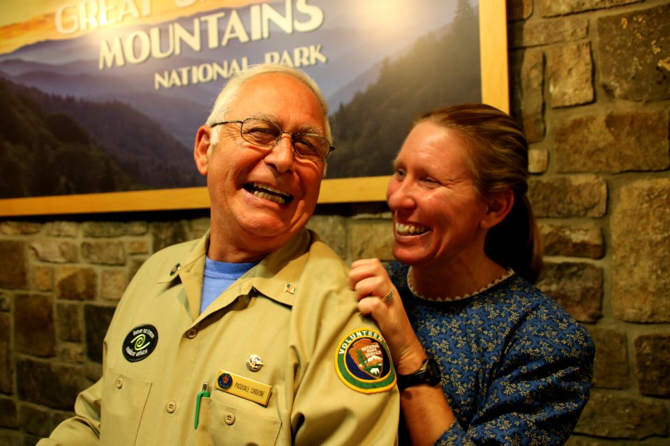 Park volunteer Pat Carbone and Ranger Jennifer Hale share a laugh at the 2018 Festival of Christmas Past, December 8, 2018--Warren Bielenberg