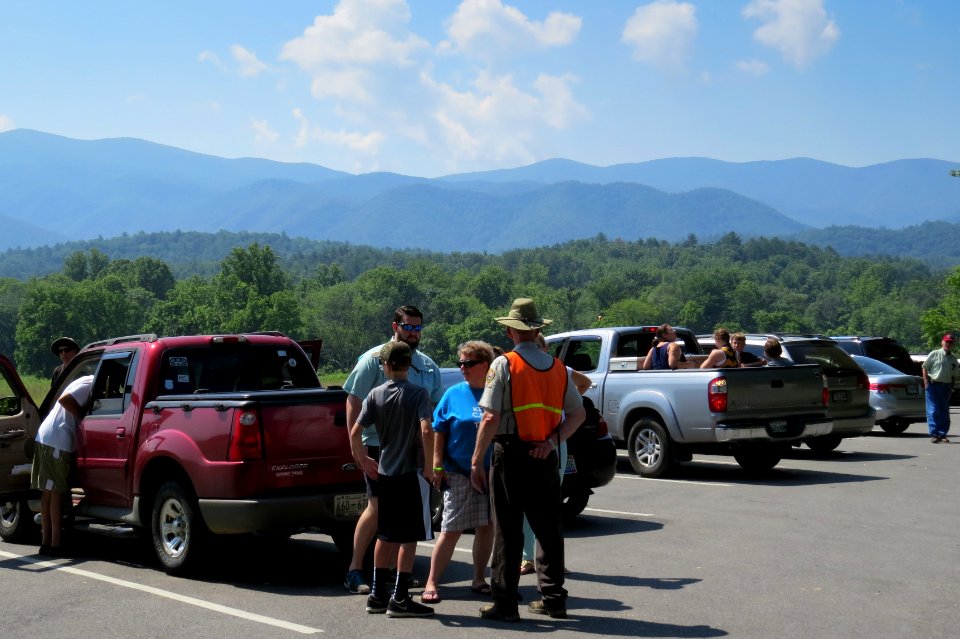 VIP Burbank talks with visitors at a popular overlook, June 2014--Warren Bielenberg