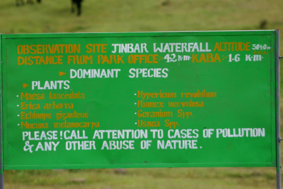 Sign for Jinbarr Waterfall Observation Site, Simien Mountains National Park, Ethiopian Highlands