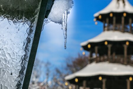 Wintry beer garden chinese tower