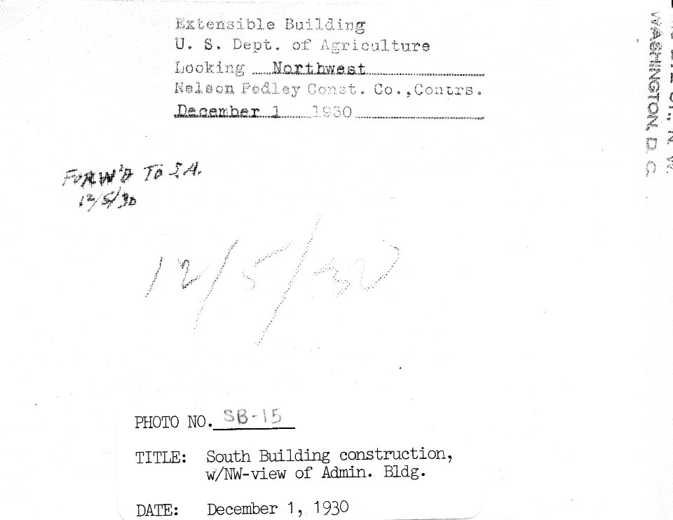 1930 (Dec 1) South Bldg iwth NW view of Admin Bldg USDA Construction Photo Collection (2)