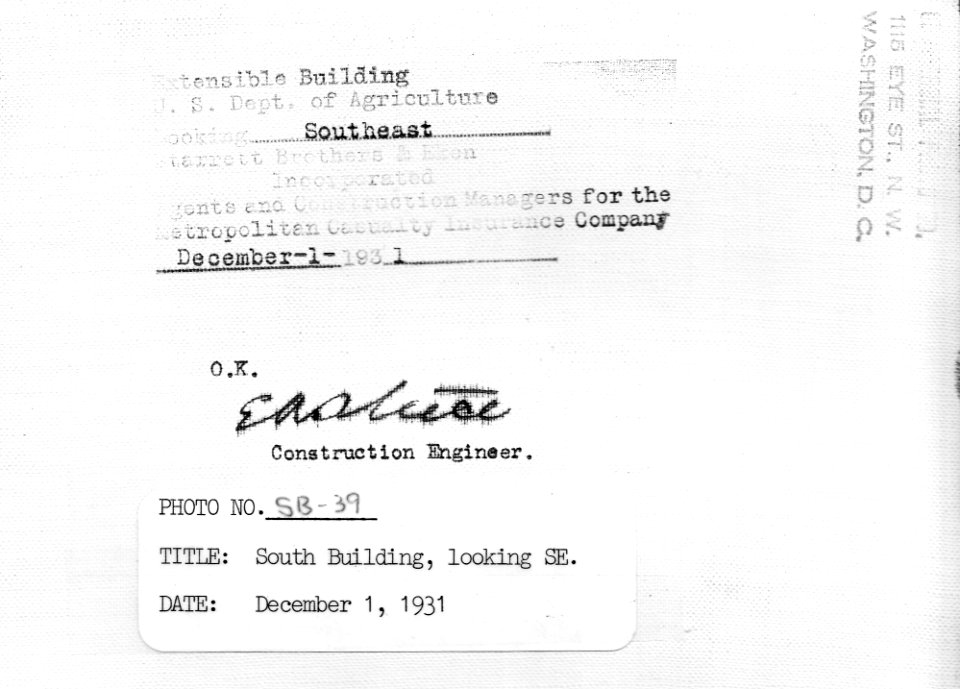 1931 (Dec 1) South Bldg looking SE USDA Construction Photo Collection (2)