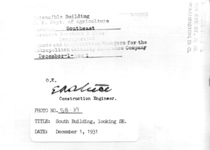 1931 (Dec 1) South Bldg looking SE USDA Construction Photo Collection (2)