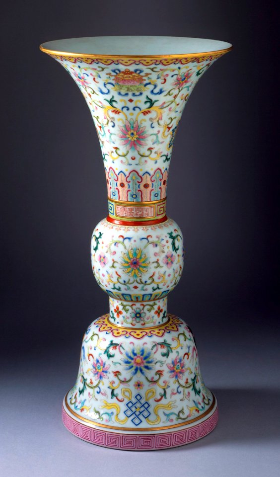 Vase (Ping) in the Form of an Ancient Ritual Wine Cup (Gu) with the Eight Buddhist Symbols (Bajixiang) and Floral Scrolls LACMA M.72.16