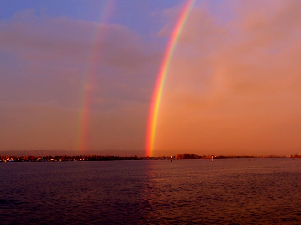 Full Rainbow at Sunrise at Columbia River in Washington