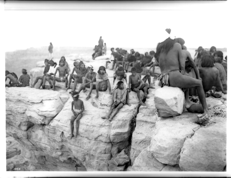 Watching the races which take place at sunrise on the last day of the Hopi Snake ceremonies in the village of Mishongnovi, ca.1900-1901 (CHS-1053)