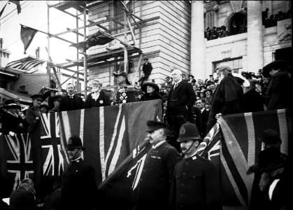 40; Dignitaries address a crowd of people in front of the Parliament Buildings - May 1920