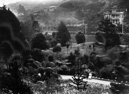 00138-13451; Elevated view of couple sitting on park bench, Botanic Gardens - [1917]