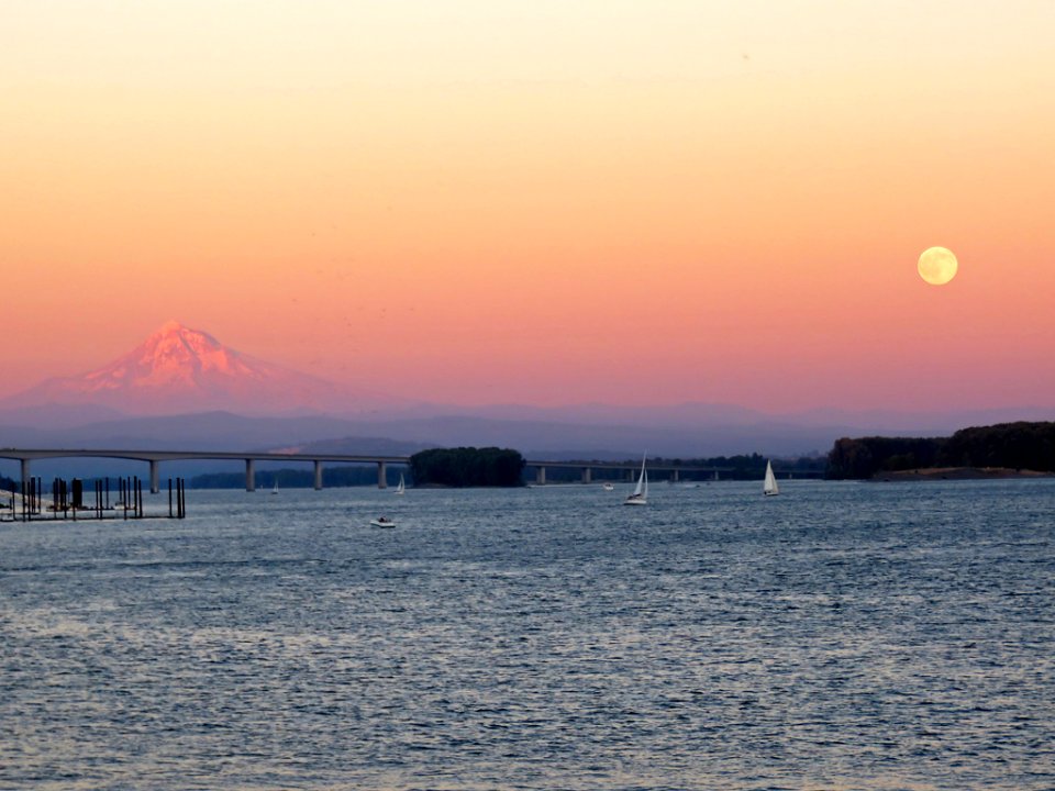 Full Blue Moon Rising over Mt. Hood and Columbia River at Wintler Park in Vancouver, WA photo