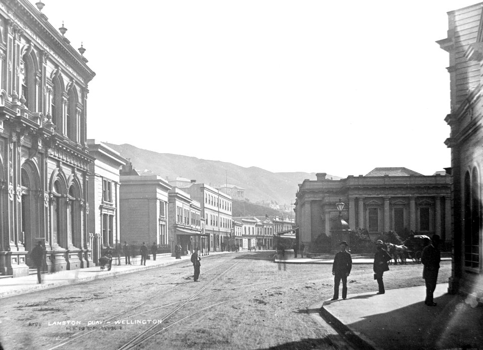 50; Central Wellington, Intersection of Lambton Quay and Featherston Street - Circa 1900 - Glass Plate Negative
