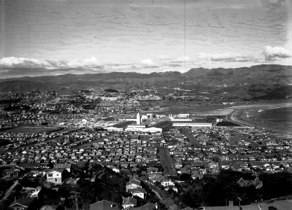 24; Aerial view of Lyall Bay, showing Centennial Exhibition and motorbike speedway - Circa 1940