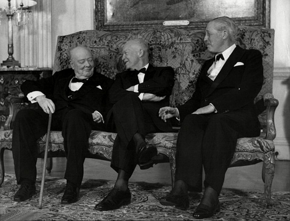 Winston Churchill, Dwight Eisenhower, Harold Macmillan, at the home of the US ambassador in London, 1959