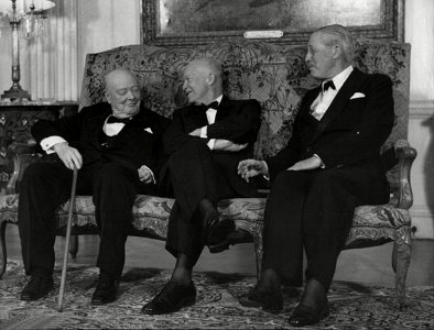 Winston Churchill, Dwight Eisenhower, Harold Macmillan, at the home of the US ambassador in London, 1959 photo