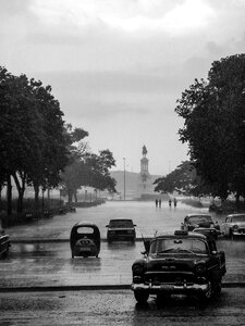 Road rain black and white photo