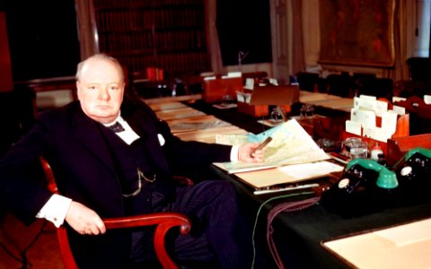Winston Churchill at his desk, March 1945