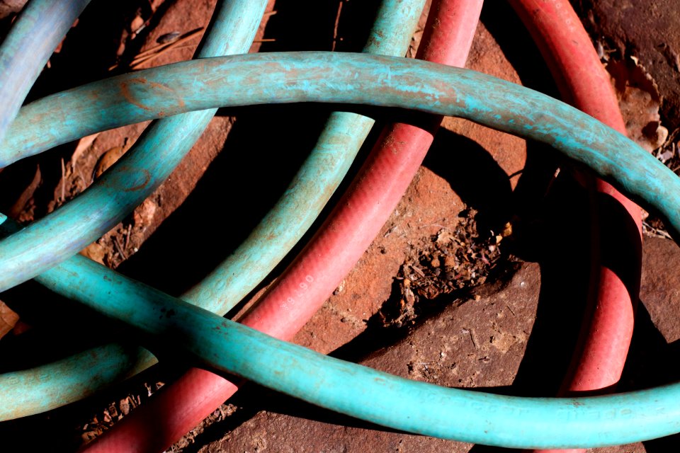 Red and Green Hoses Laying Together