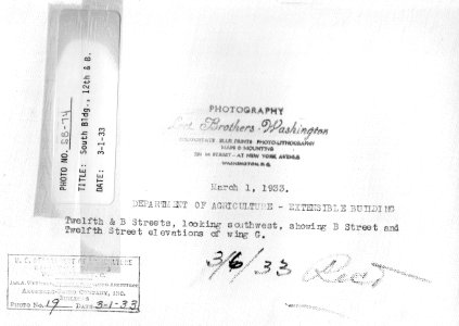 1933 (Mar 1) South Bldg, 12th and B Sts looking SW USDA Construction Photo Collection (2)