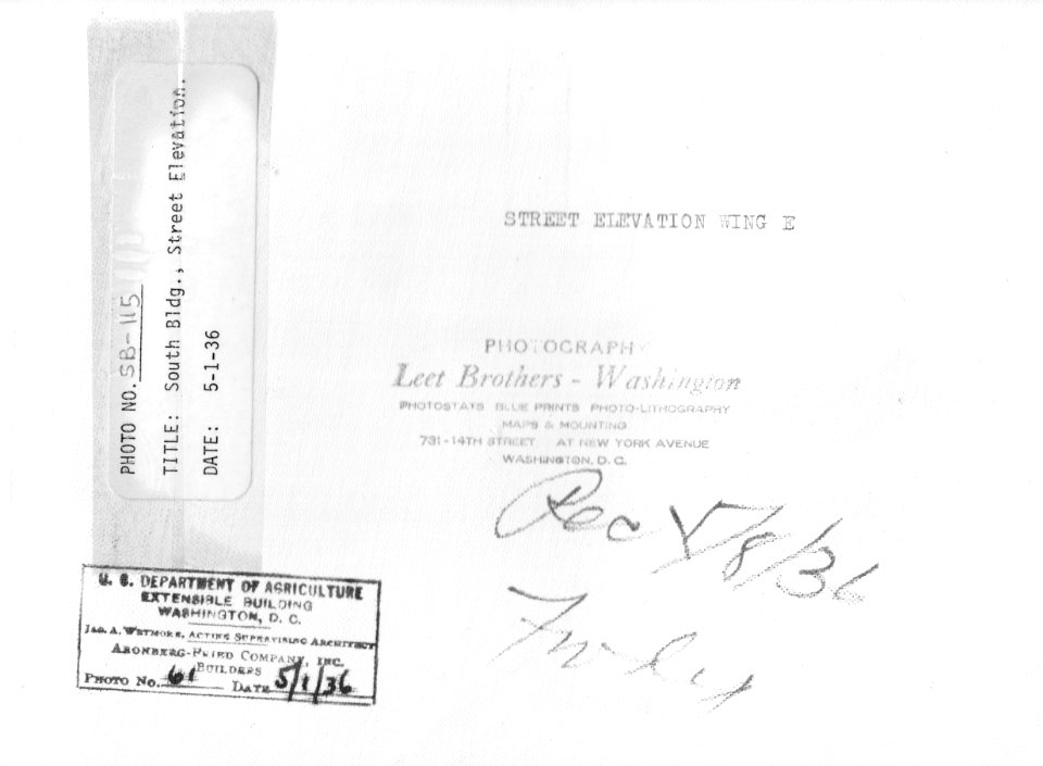 1936 (May 1) South Bldg, Street elevation Wing E USDA Construction Photo Collection (2)