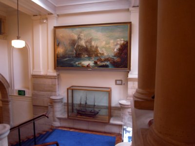 HMS VICTORY IN THE BATTLE OF TRAFALGAR PAINTING & MODEL , BRITANNIA ROYAL NAVAL COLLEGE, DARTMOUTH, DEVON