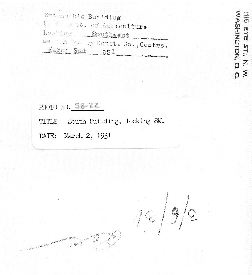 1931 (Mar 2) South Bldg looking SW  USDA Construction Photo Collection (2)