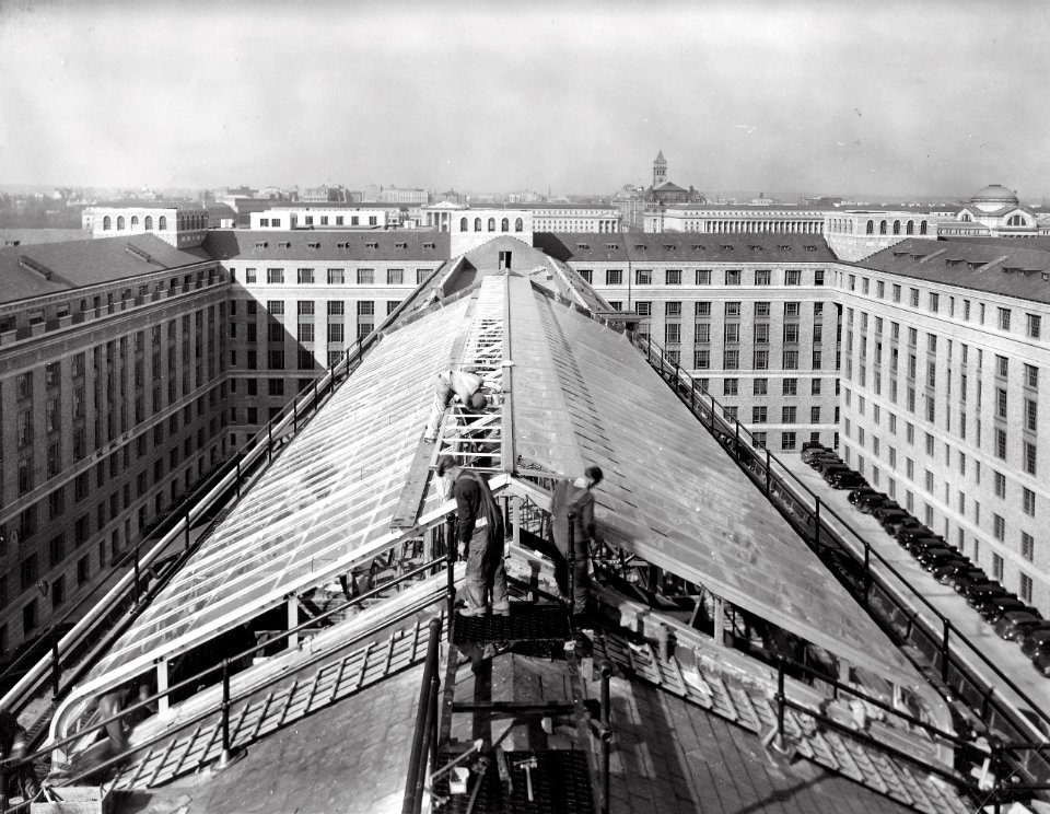 1937 (Mar 1) Const of Greenhouse on Wing No. 3 of South Bldg, view of roof USDA Construction Photo Collection (1)
