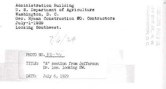 1929 (July 6) A Section Admin Bldg looking SW from Jefferson Drive USDA Construction Photo Collection (2)