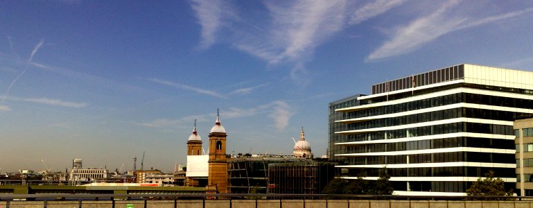 LOOKING WEST FROM LONDON BRIDGE - CANON STREET RAILWAY STATION BRIDGE & TOWERS- RIVERBANK HOUSE - ST PAUL'S CATHEDRAL