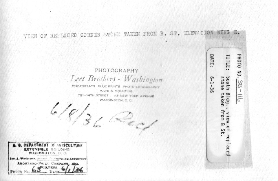 1936 (June 1) South Bldg, view of replaced stone taken from B St USDA Construction Photo Collection (2)